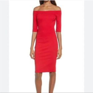 Lulu's Dresses Girl Can't Help It Red Off-The-Shoulder Midi Dress Medium